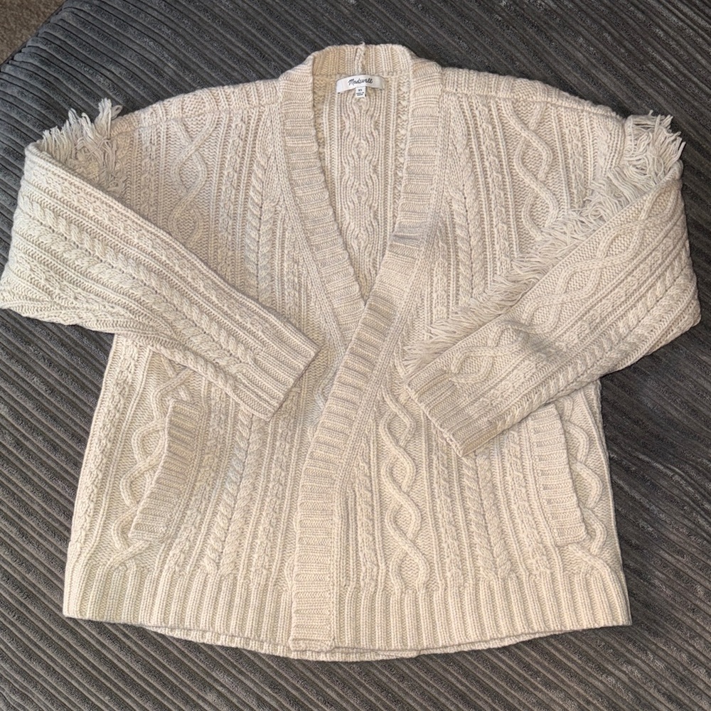 Madewell Fringe Cream Cable Knit Cardigan